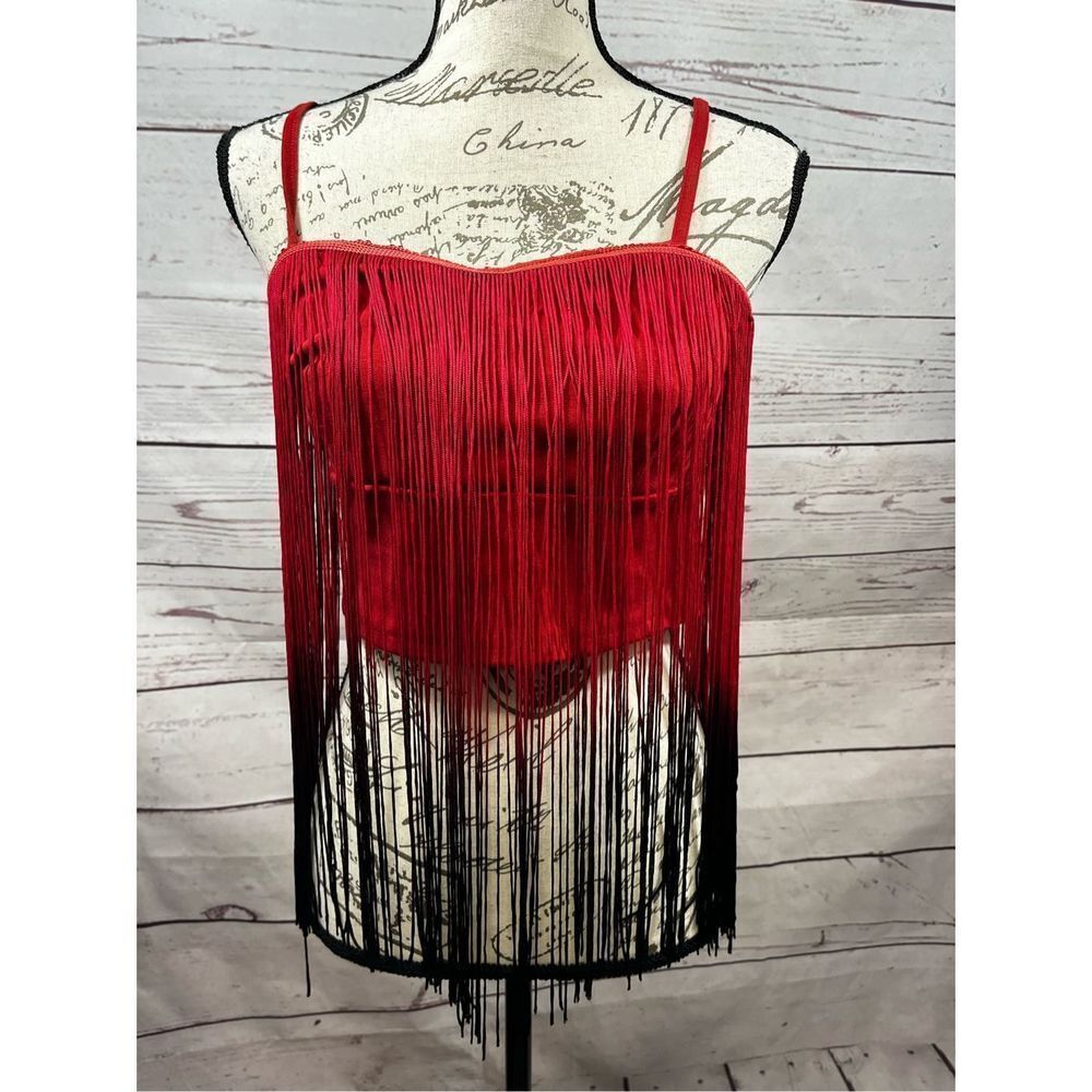 Rare London‎ Red Black Ombre Fringe Crop Top Cami Festival Dance Med US 6